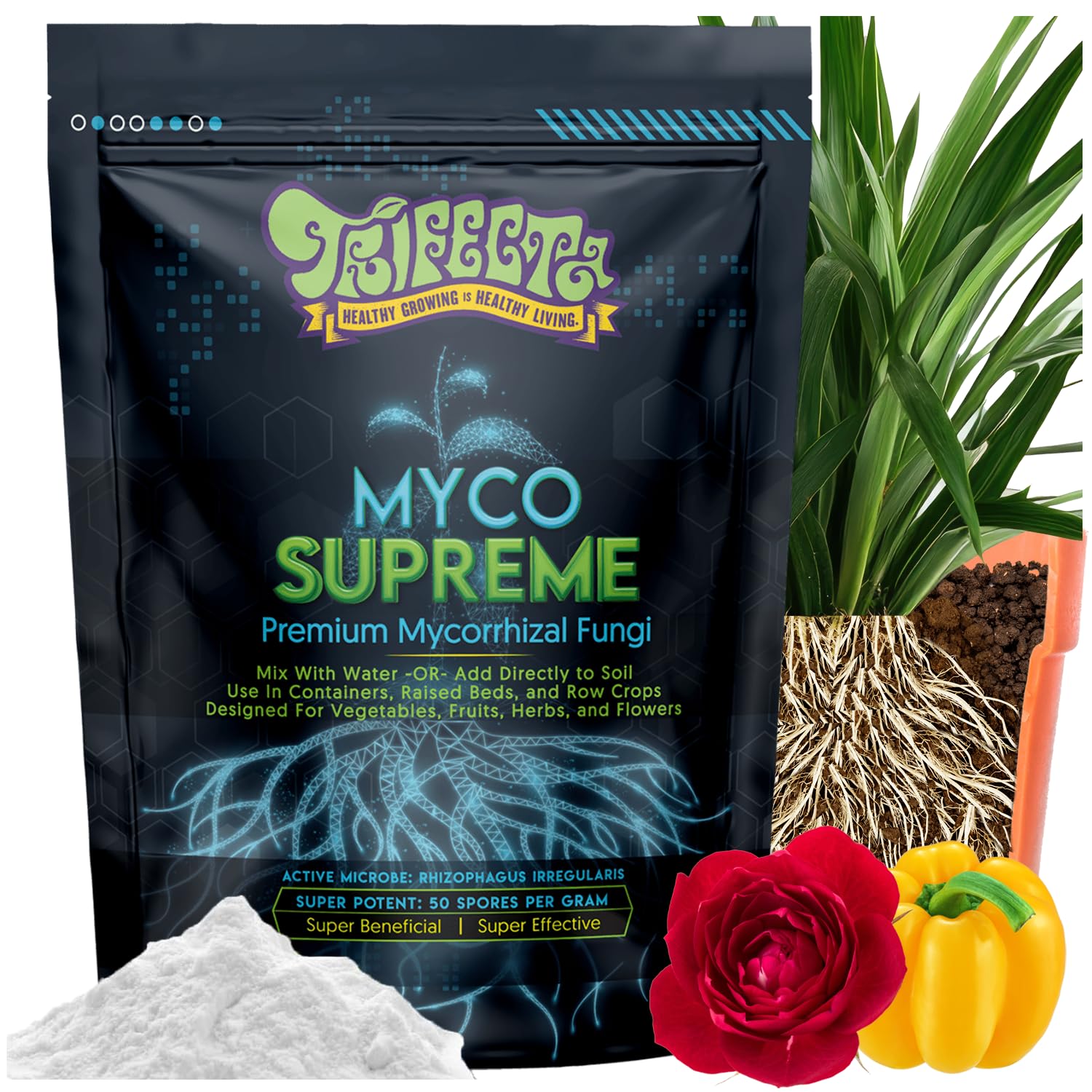 Trifecta Myco Supreme granular powder bottle supports robust root growth.
