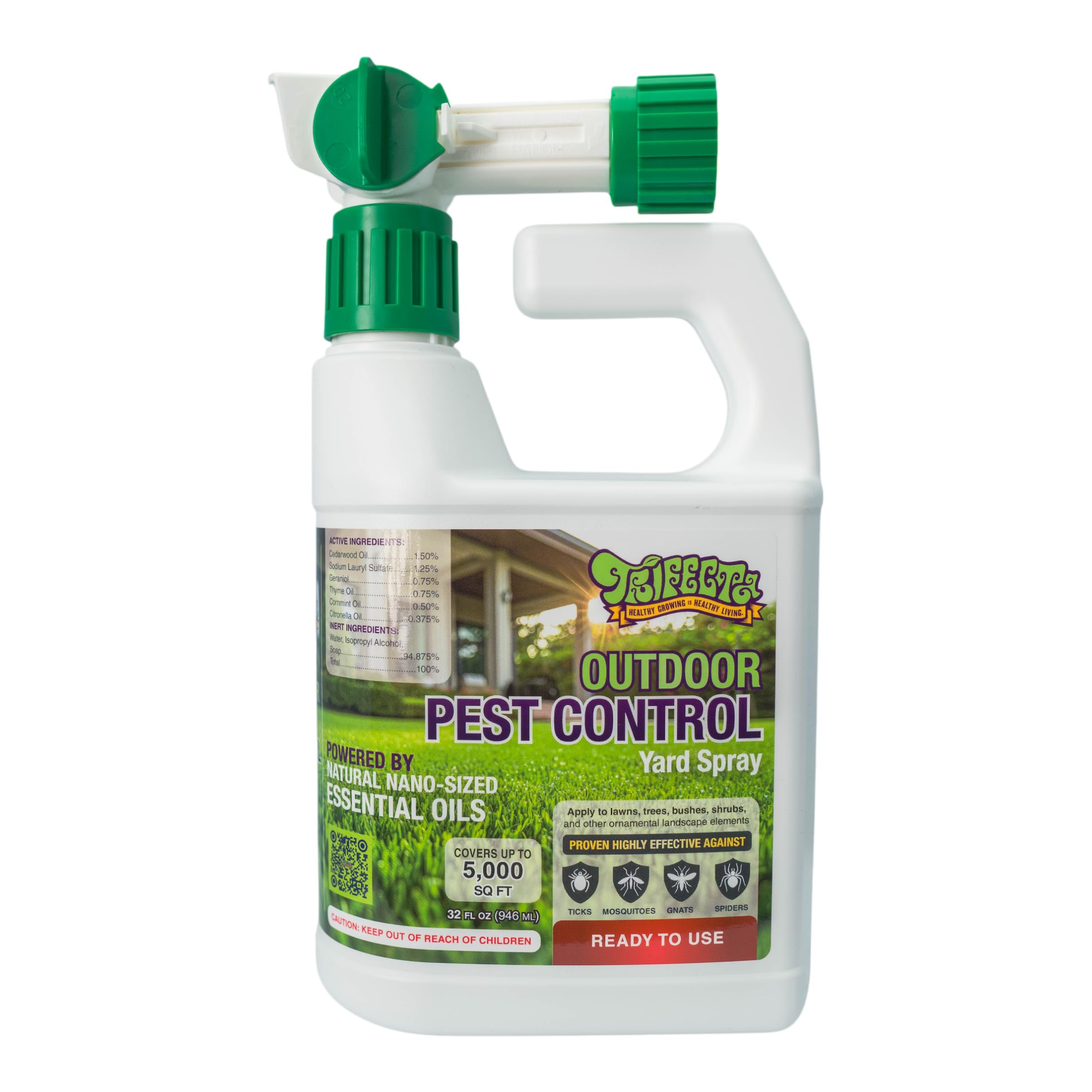 Trifecta Outdoor Pest Control bottle close-up showing plant-based formula for yard protection.