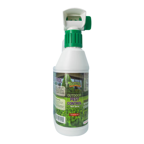 Trifecta Outdoor Pest Control covered yard application over lawn and shrubs.