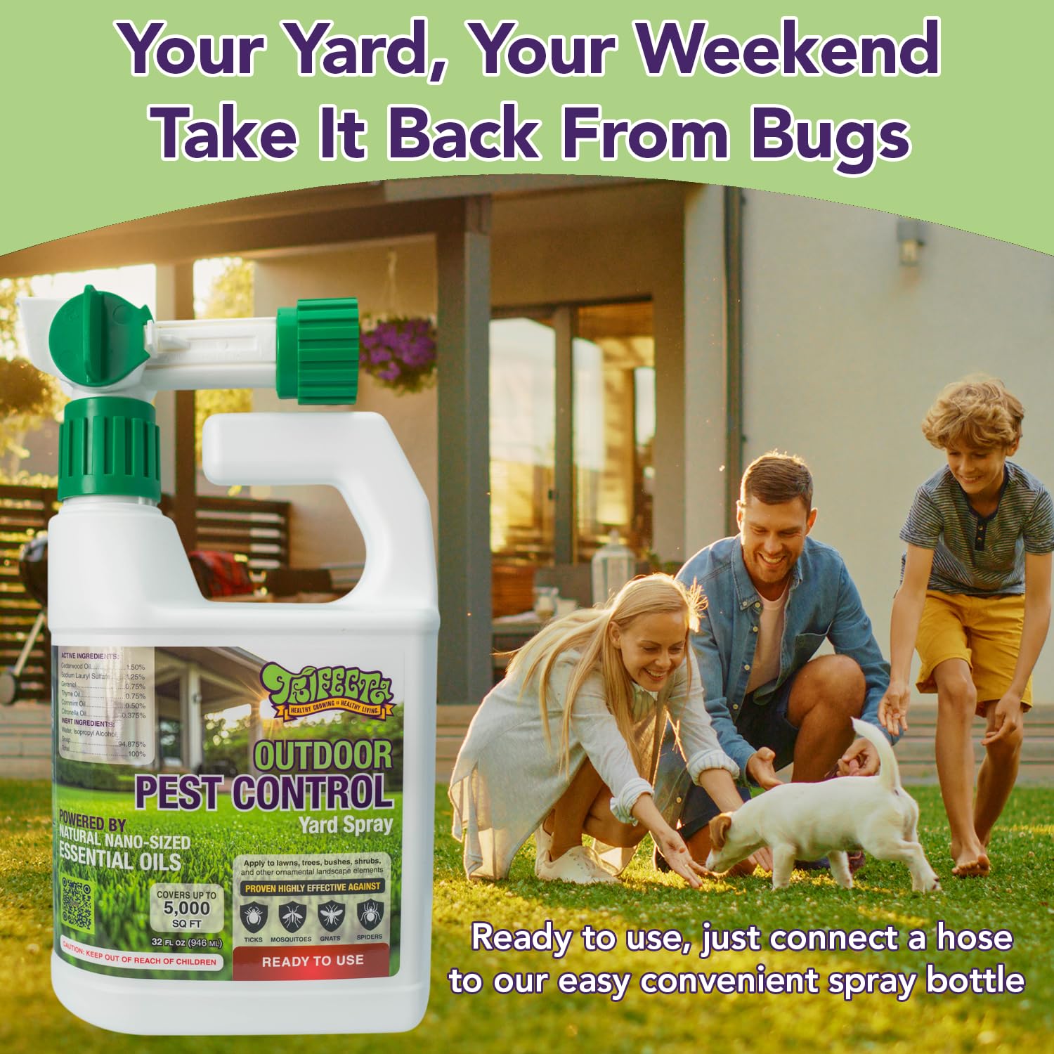 Trifecta Outdoor Pest Control label indicating up to 5,000 sq ft coverage.