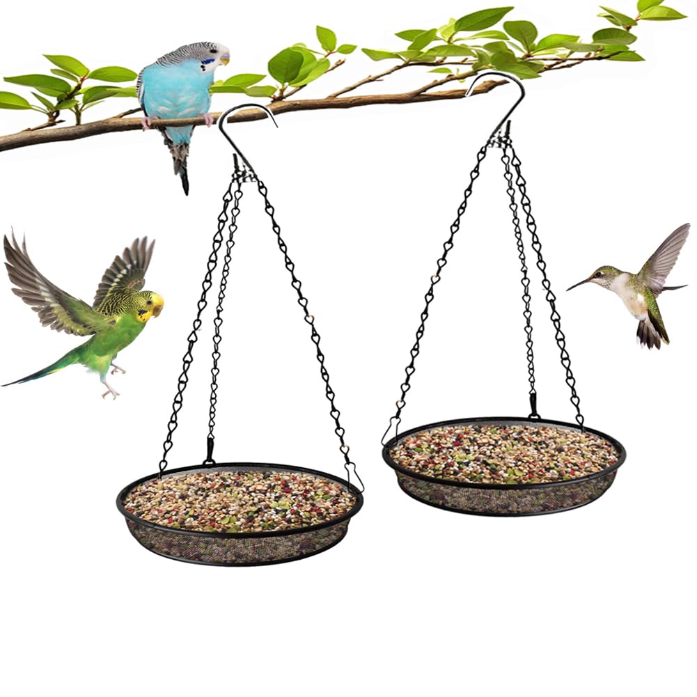 Triflice metal mesh bird feeder with large capacity tray attracts multiple birds