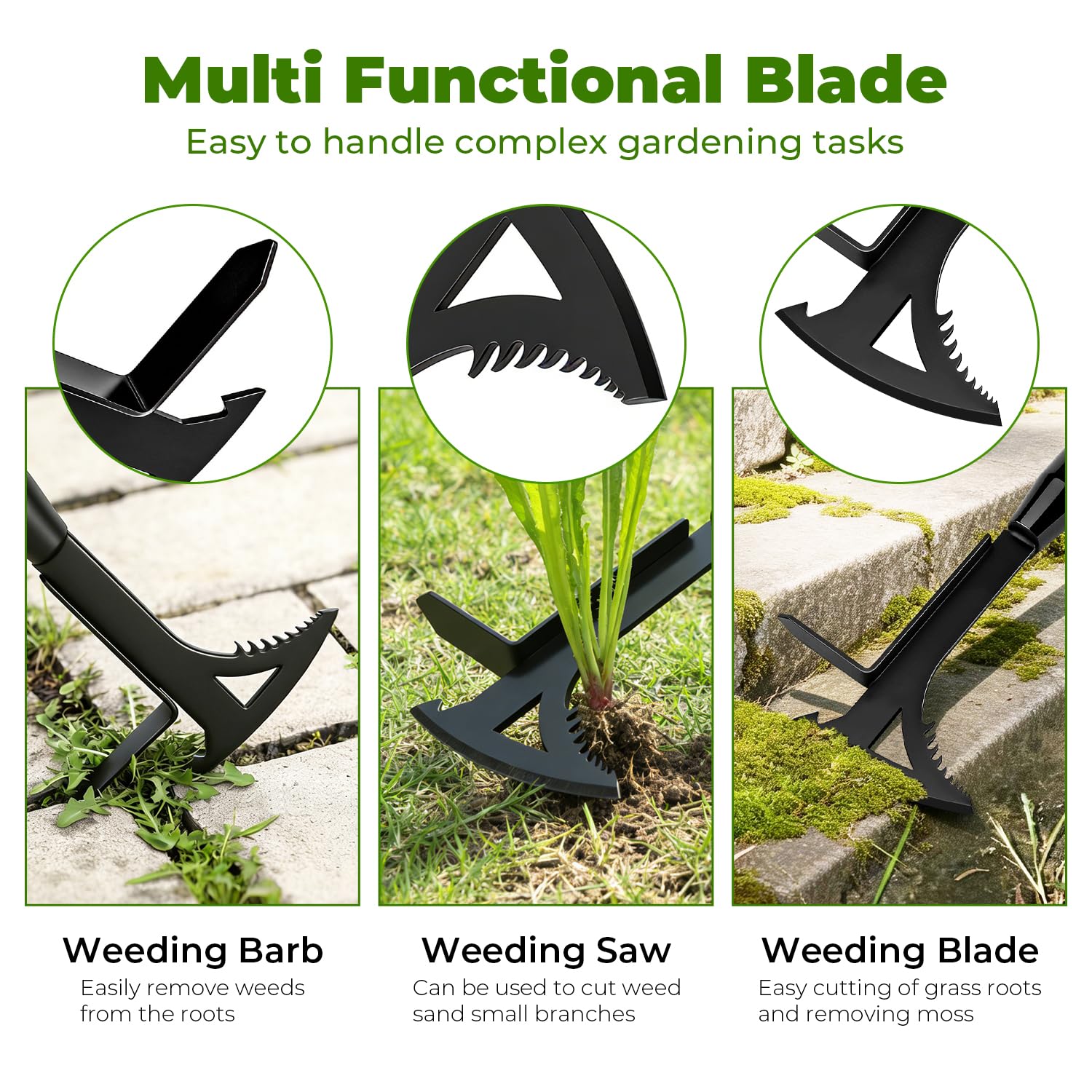 TrigenTeels dual-edge blade weeder enabling fast surface clearing and root cutting.