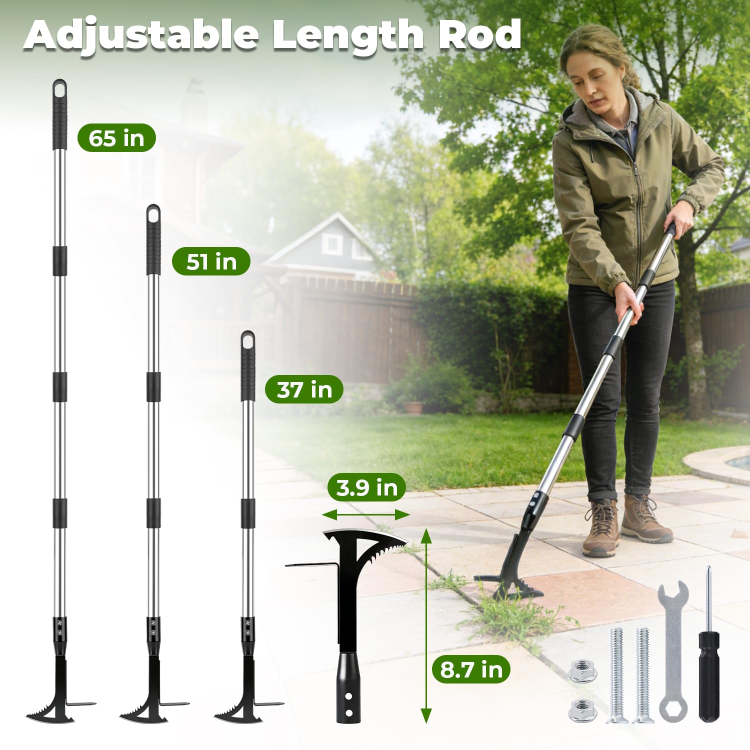 TrigenTeels multi-action L-shape design reaching narrow gaps between pavers and bricks.