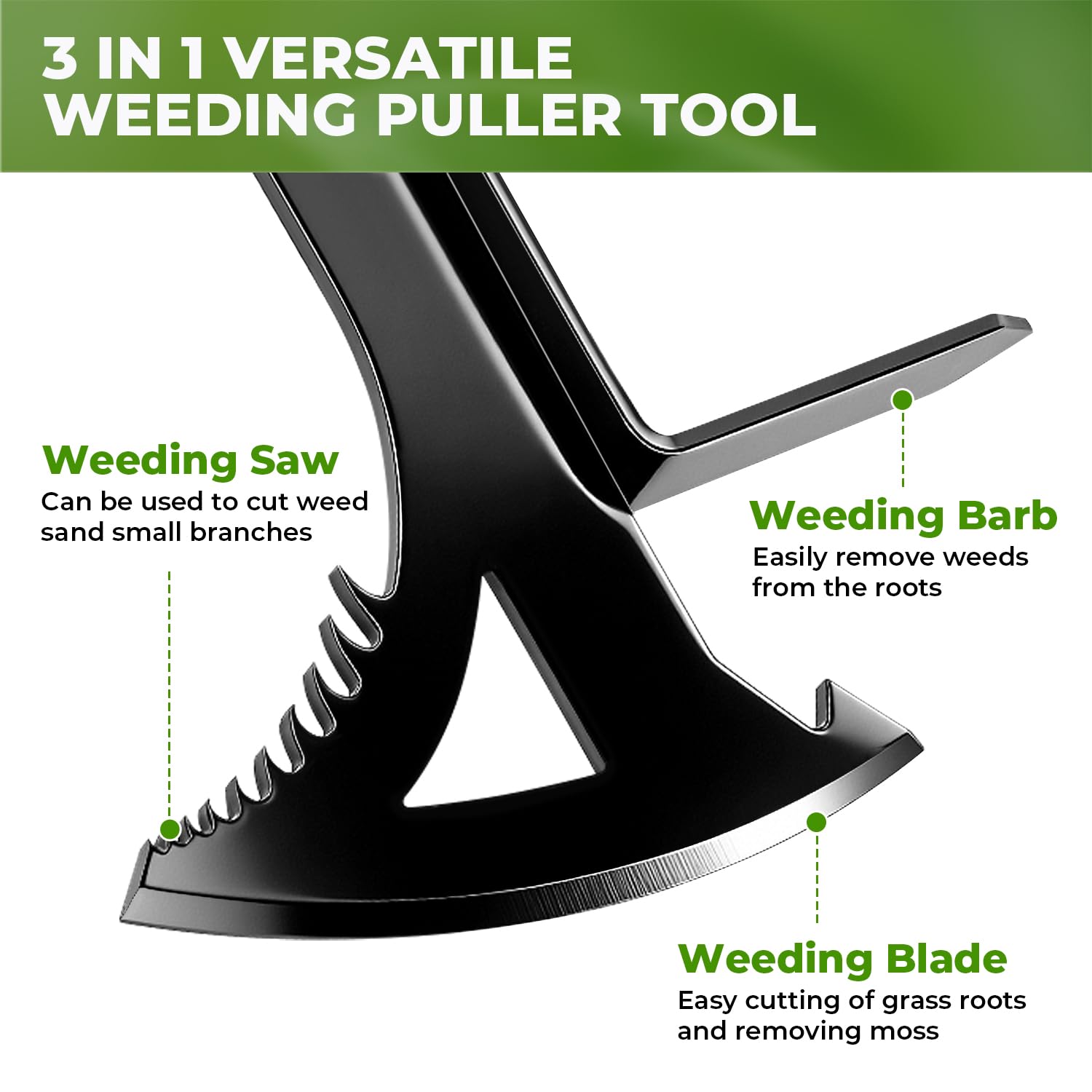 TrigenTeels serrated sickle blade weeder shown for thick weeds removal.