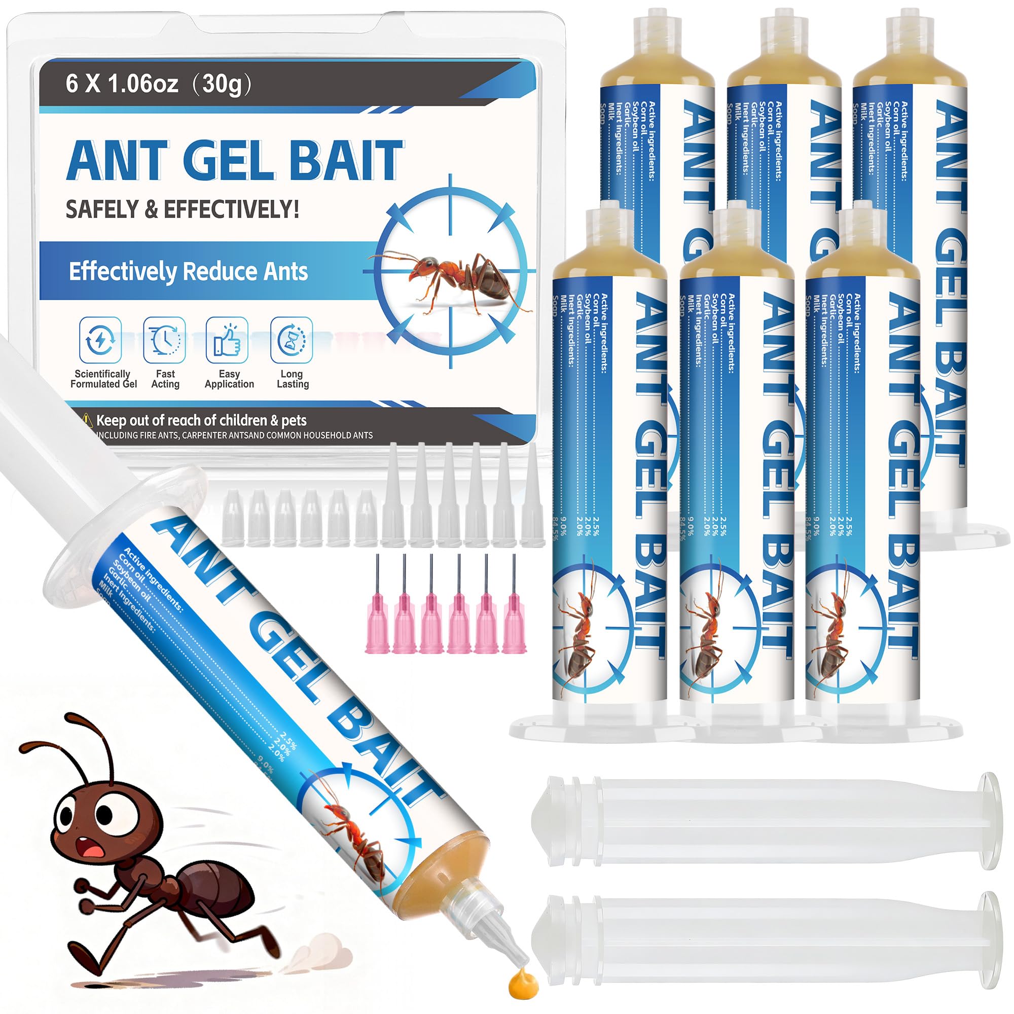 Trihood ant gel set with six tubes and plungers for precise placement in cracks