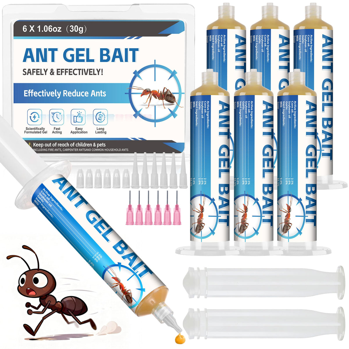 Trihood ant gel set with six tubes and plungers for precise placement in cracks