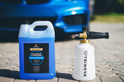 TriNova setup beside a pressure washer for quick car washing.