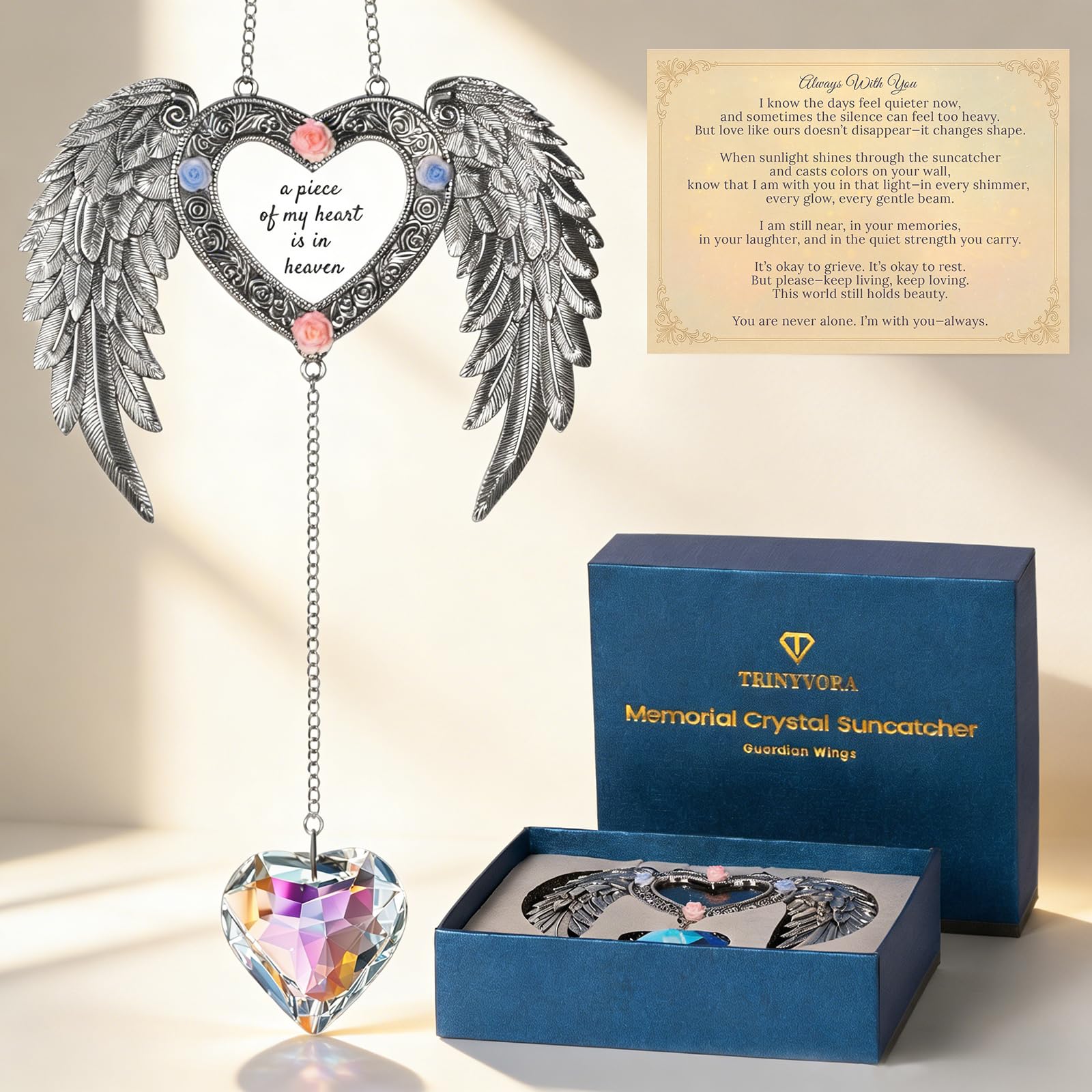 TRINYVORA crystal sun catcher memorial heart shines in sunlight creating warm memories
