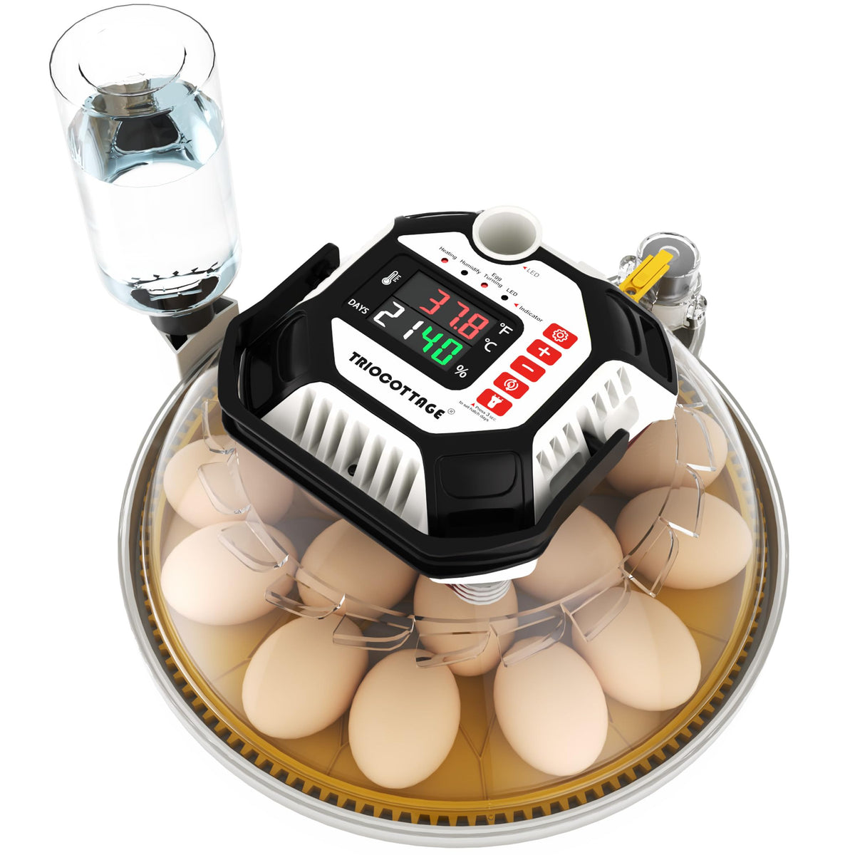 TRIOCOTTAGE incubator with 12–18 egg capacity, ideal for hobby breeders.