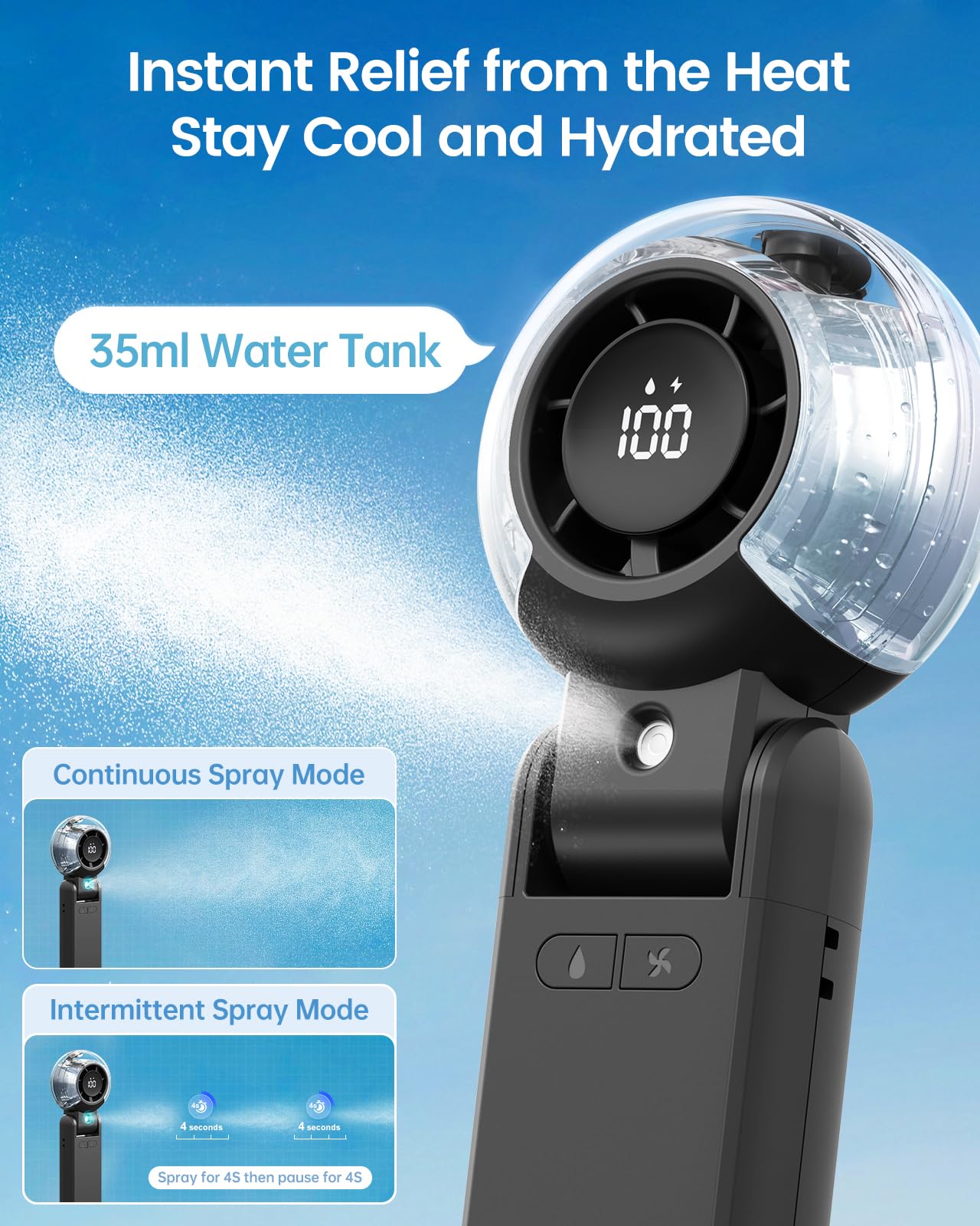 TriPole foldable neck-strap mode for hands-free cooling while moving.