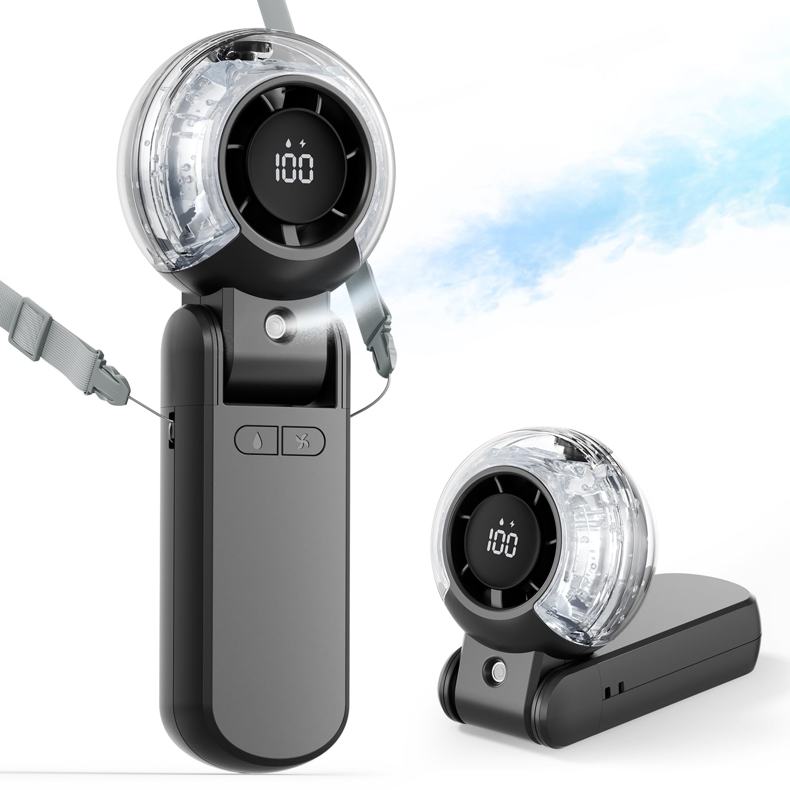 TriPole misting fan front view showing compact design for on-the-go cooling.