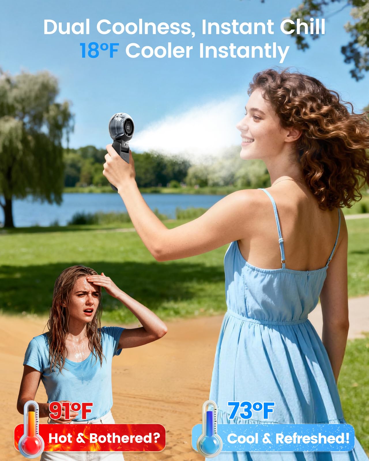TriPole misting fan with LED display close-up showing battery and speed readout.