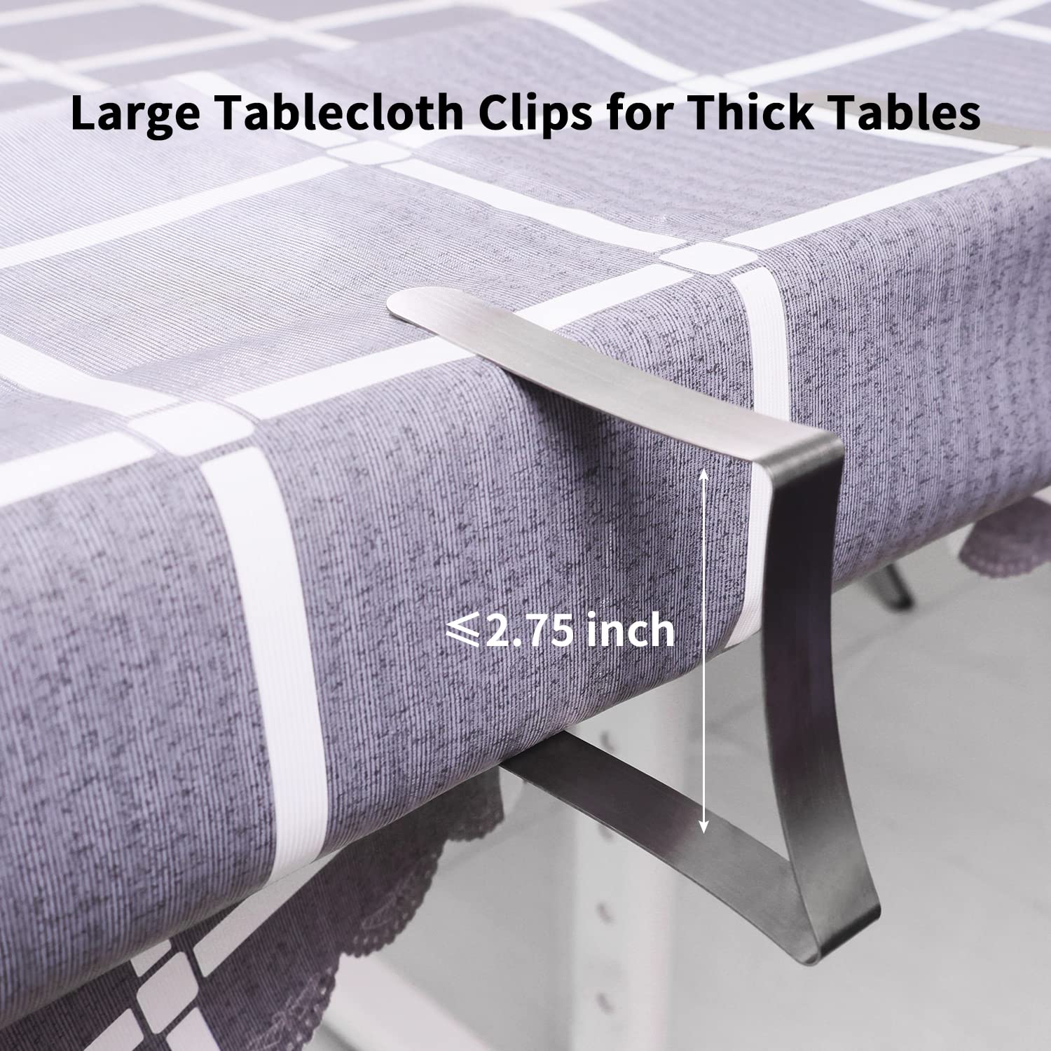 TriPole 16-pack attached to folding table edge holding taut tablecloth