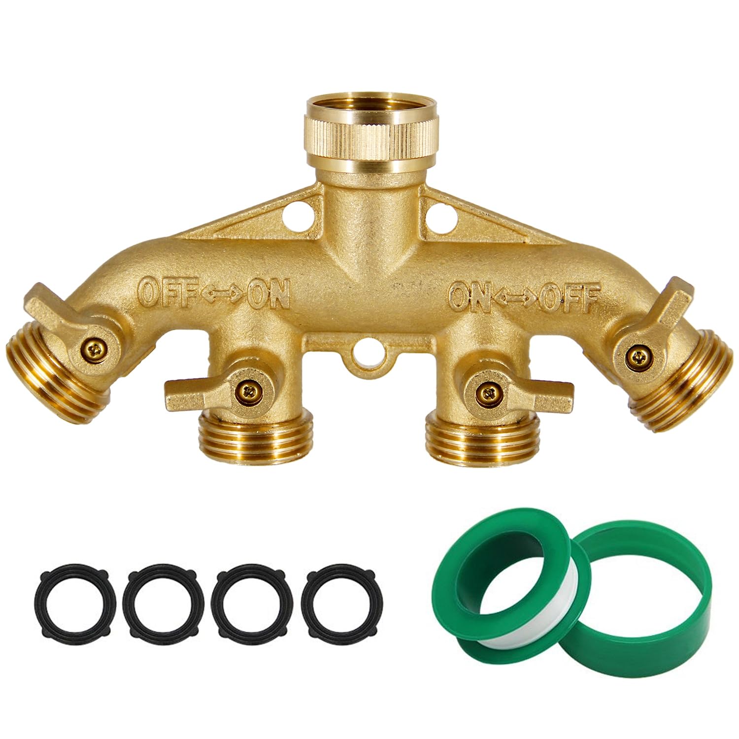 Triumpeek 4-way brass hose splitter front view showing versatile watering options