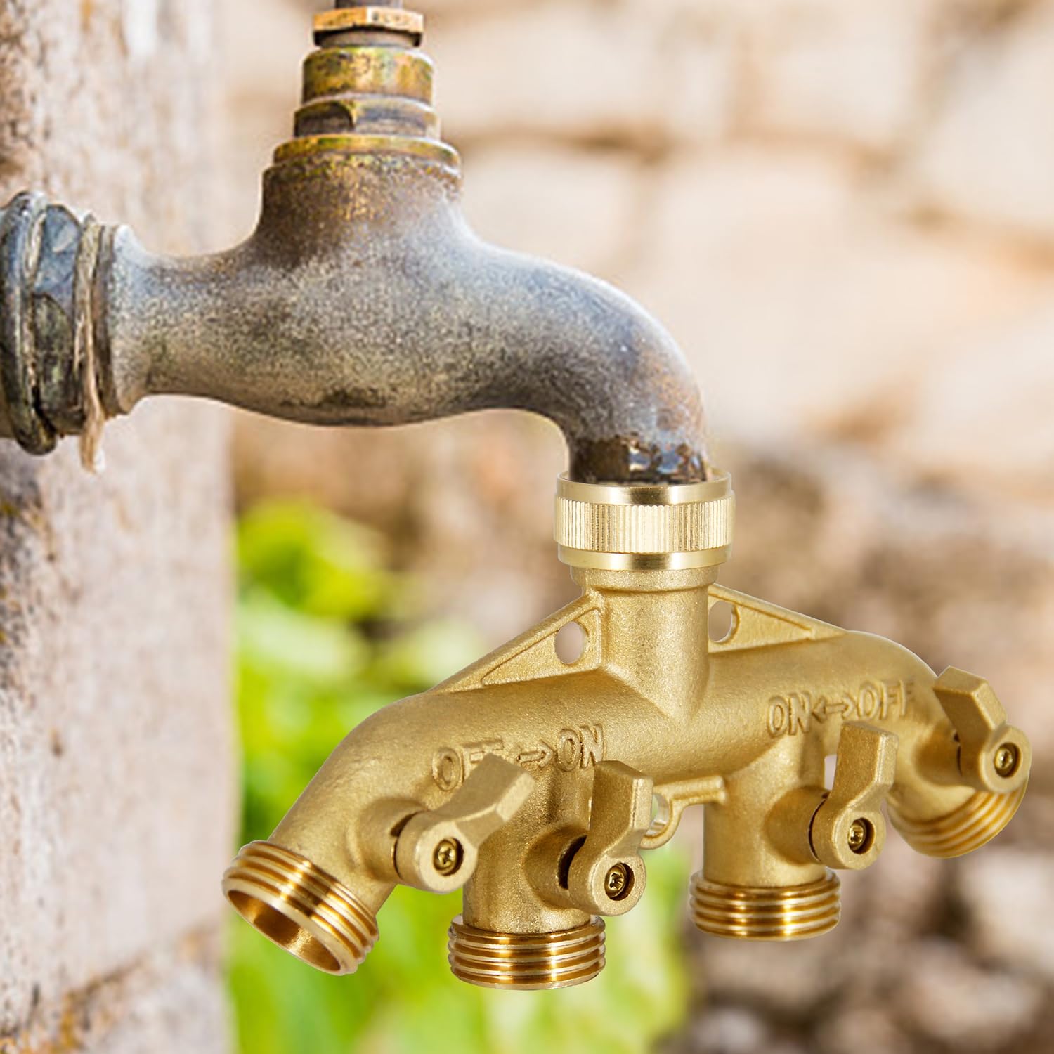 Heavy-duty Triumpeek brass hose splitter ready for demanding garden tasks
