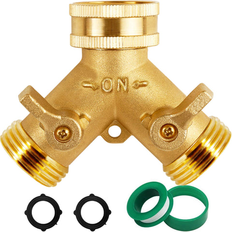 Triumpeek brass hose splitter front view, showing two outlets for versatile watering.