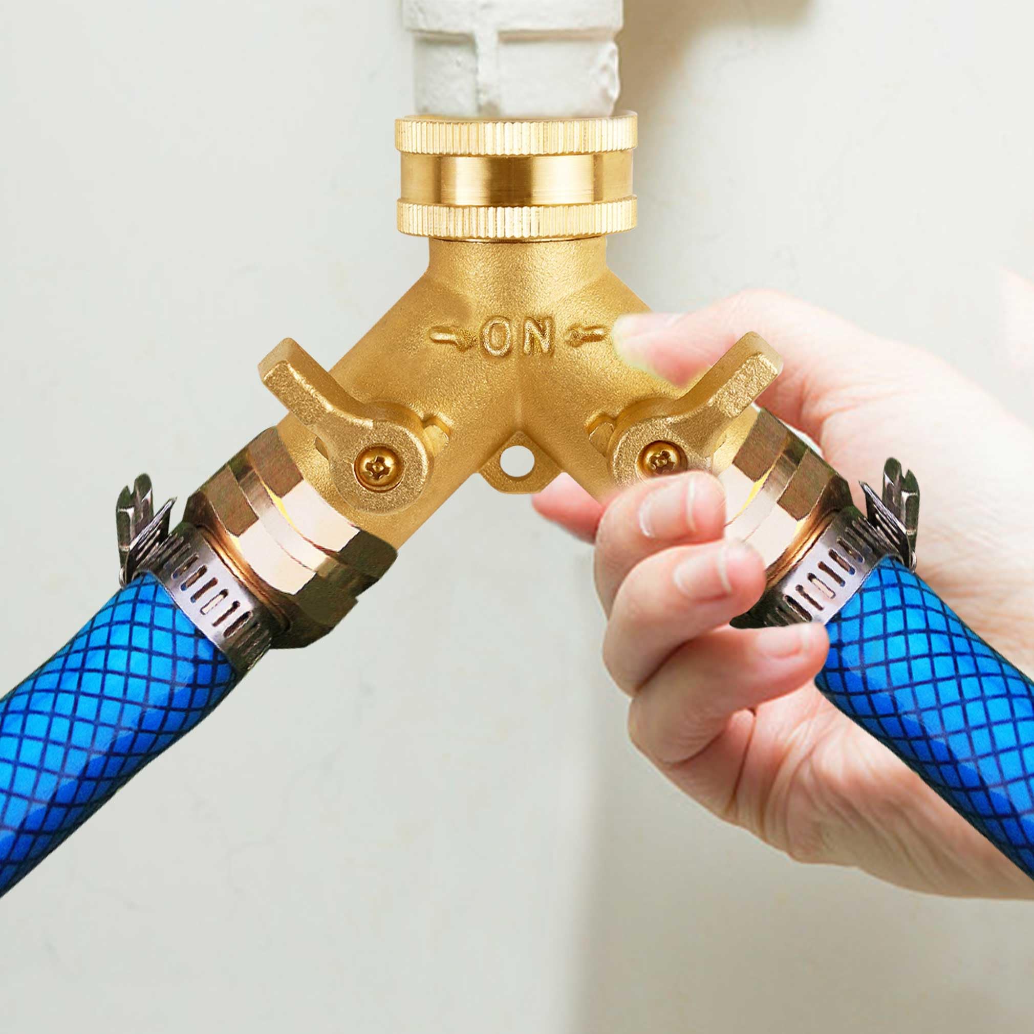Triumpeek installed on outdoor faucet demonstrates easy dual watering.