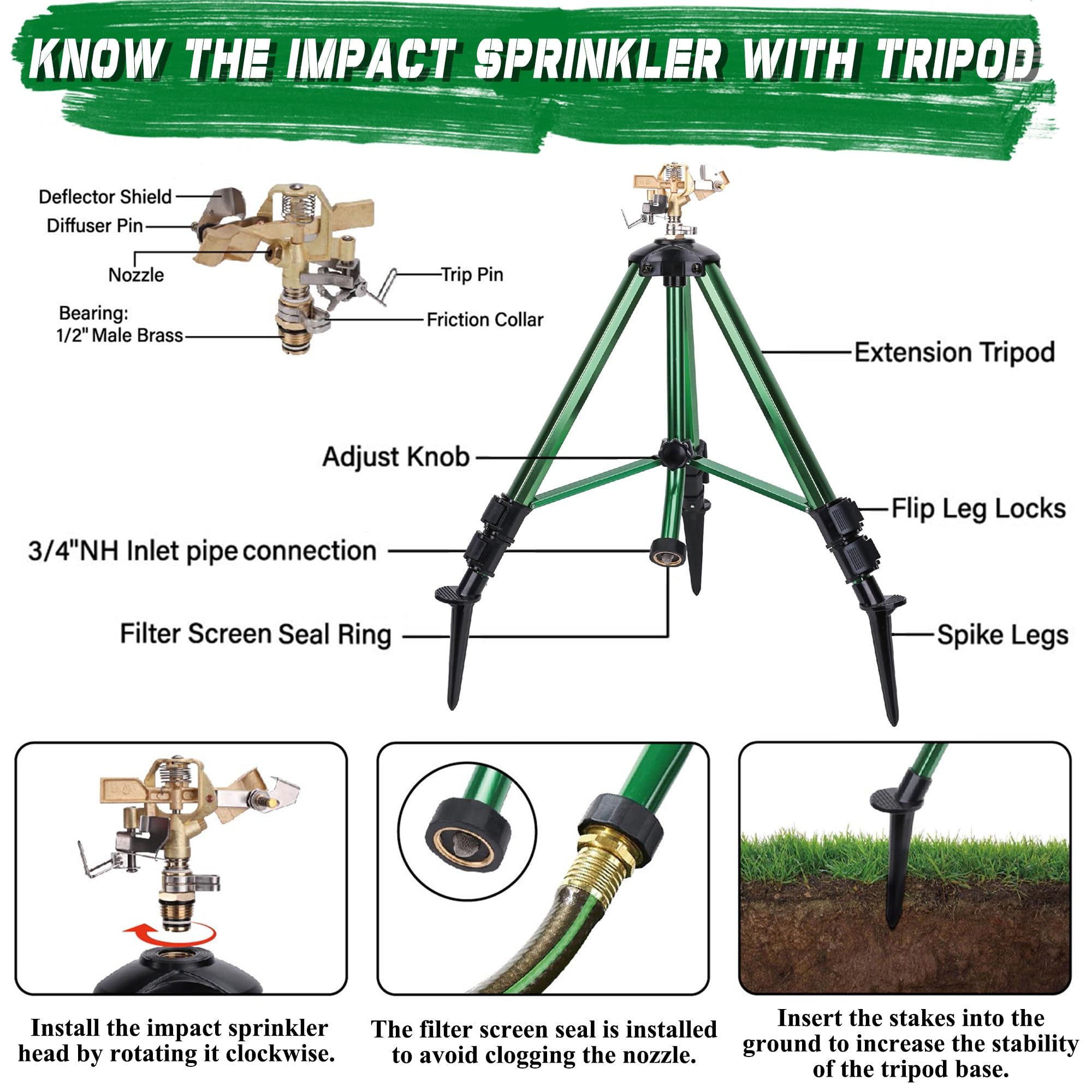 Stakes provide additional ground stability for the sprinkler setup.