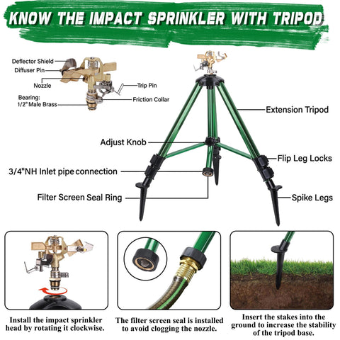 Stakes provide additional ground stability for the sprinkler setup.