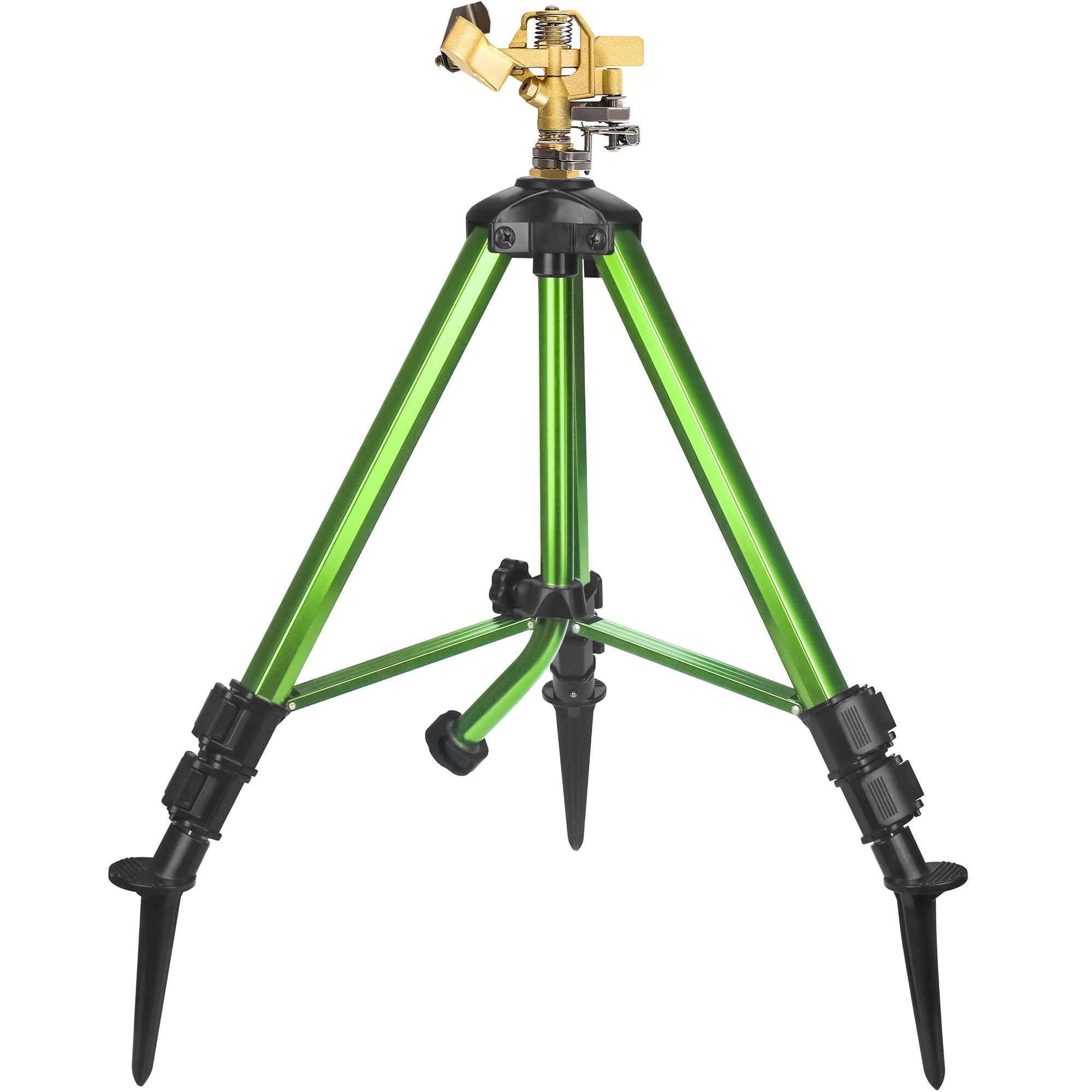 Triumpeek Impact Sprinkler on tripod base for wide lawn irrigation.