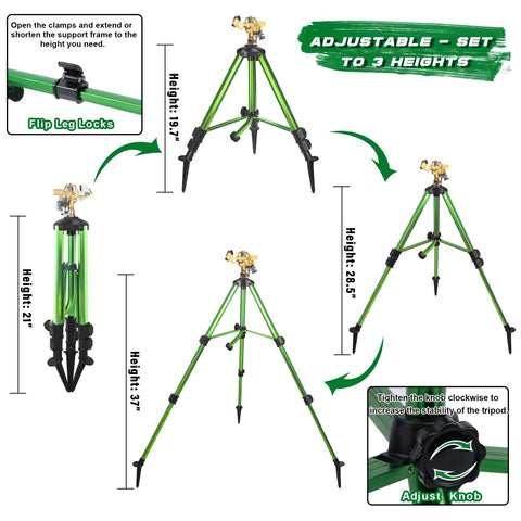 Triumpeek tripod legs with stakes stabilize irrigation on uneven ground.