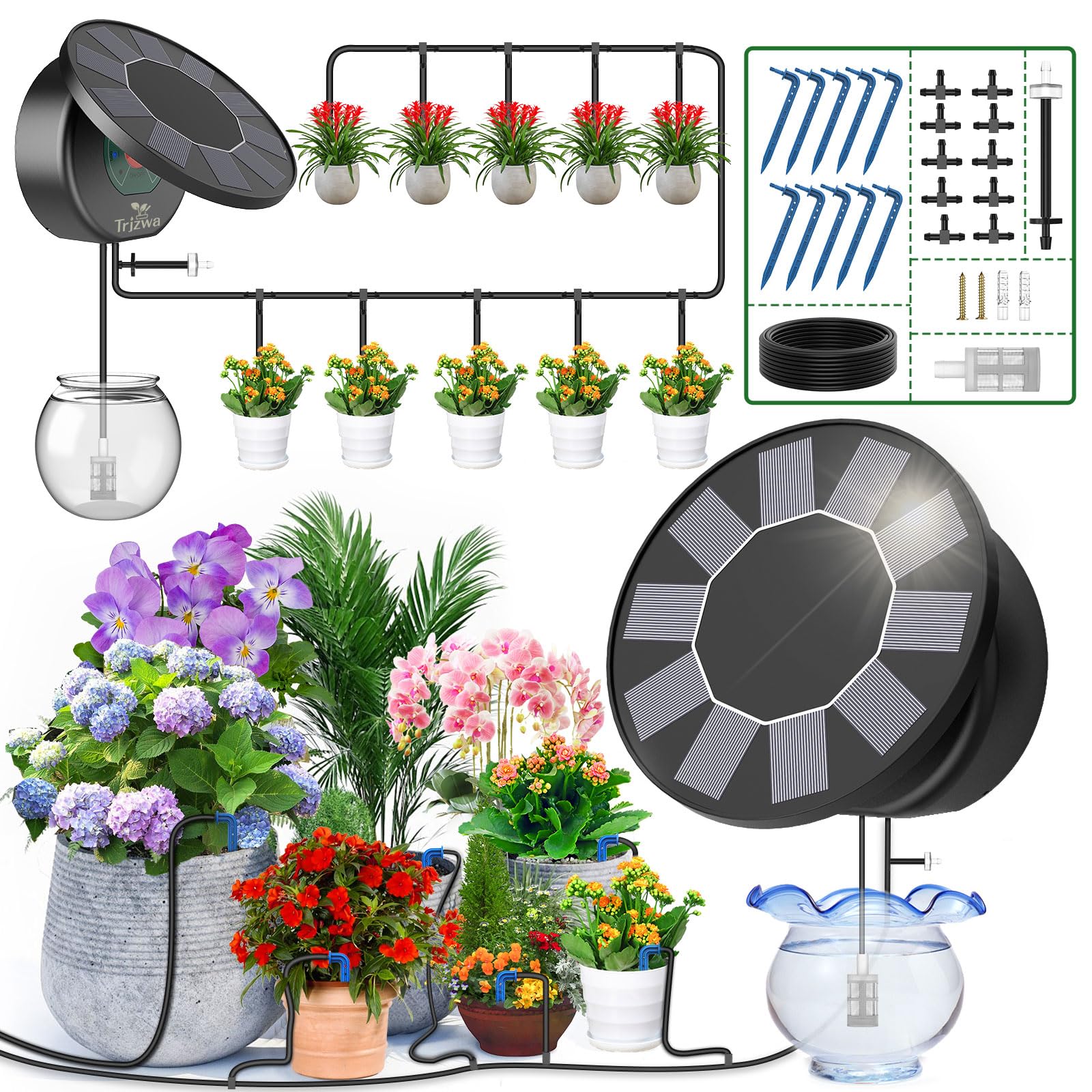 TRJZWA solar panel and timer kit powering autonomous irrigation for indoor and outdoor gardens.