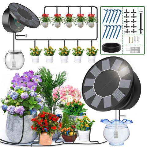 TRJZWA solar panel and timer kit powering autonomous irrigation for indoor and outdoor gardens.