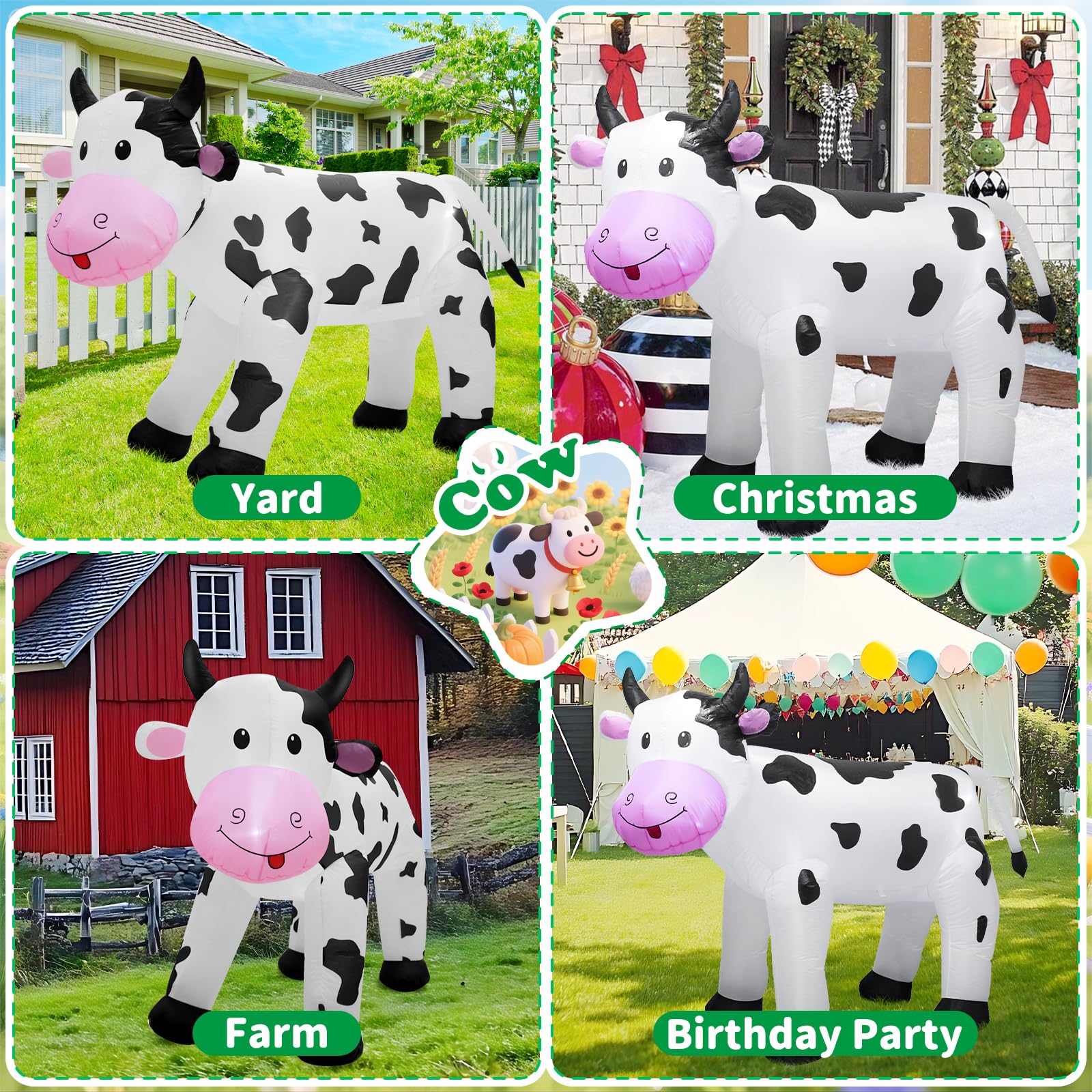 TRMESIA inflatable cow front view illuminated for festive yard display