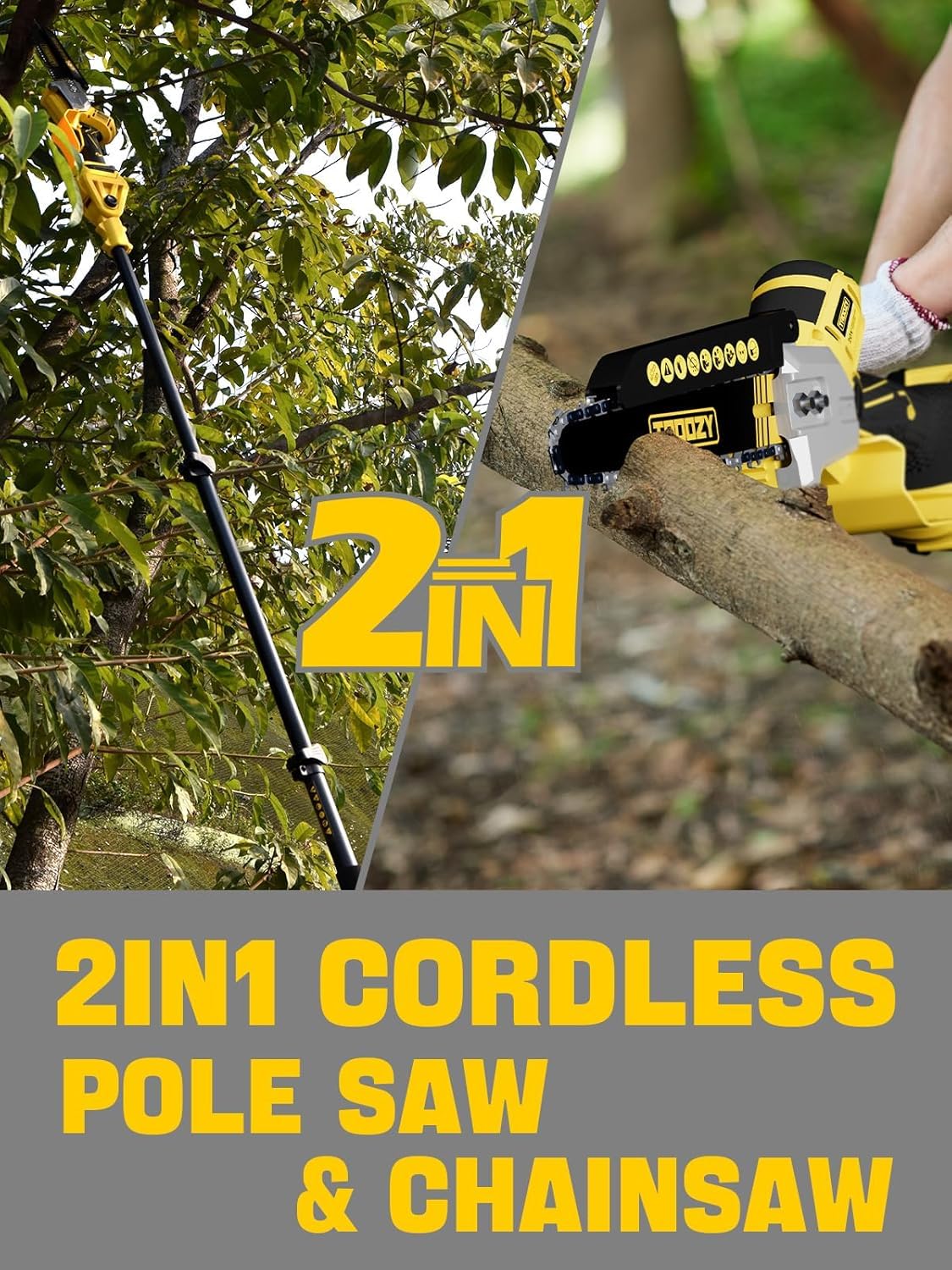 TROOZY 2-in-1 design demonstrates pole saw and chainsaw versatility for yard tasks.