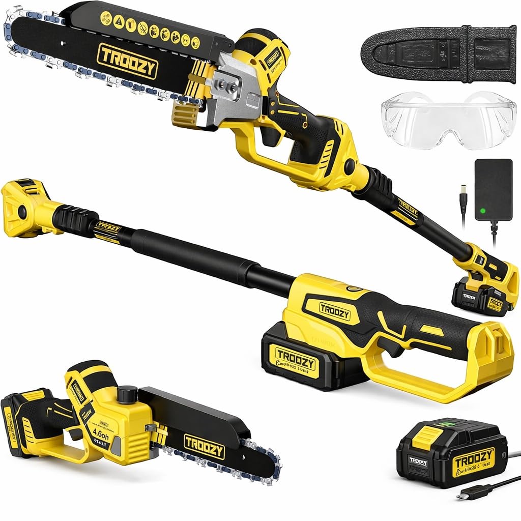 TROOZY electric pole saw with extendable 9ft reach for safe ground pruning.