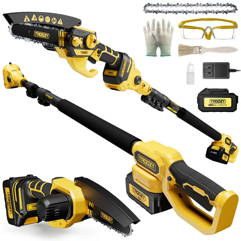 TROOZY pole saw extended reach trims high branches from the ground
