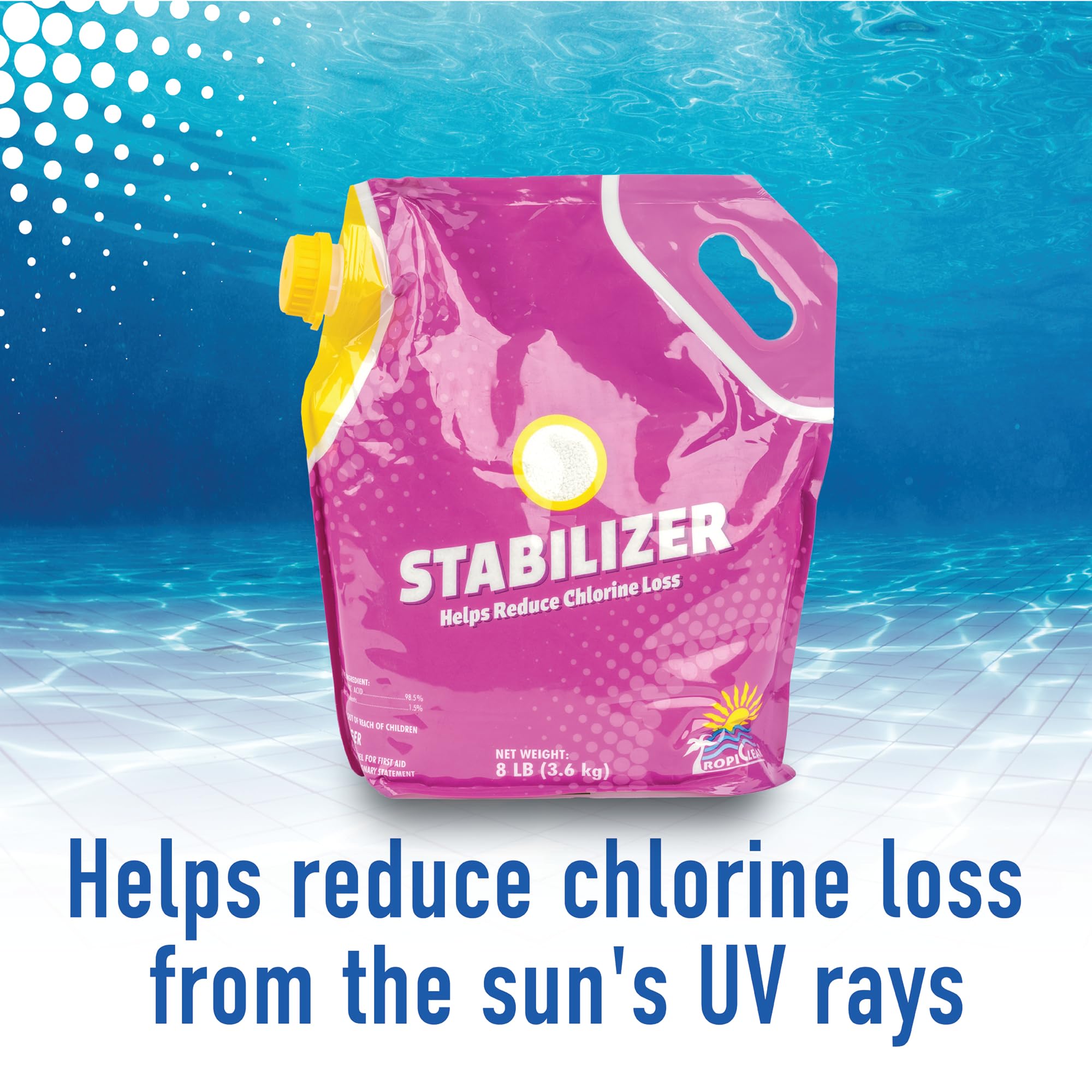 Close-up of TropiClear Pool Stabilizer label showing clear dosing guidance for pool care