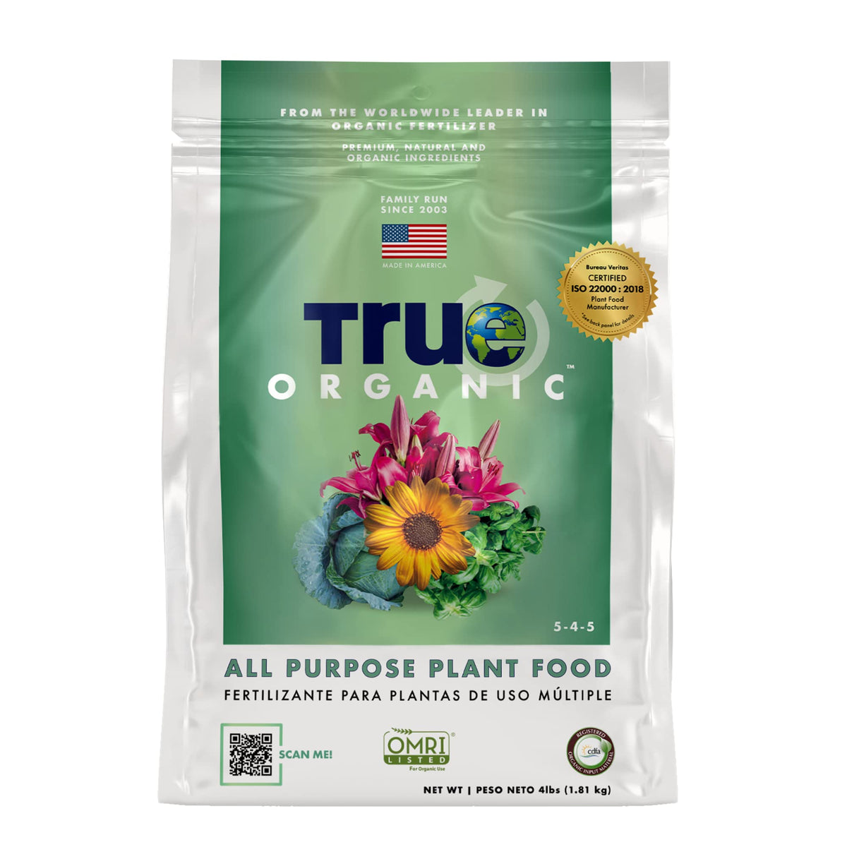 True Organic All Purpose Plant Food bag front showing eco-friendly packaging for garden nourishment.