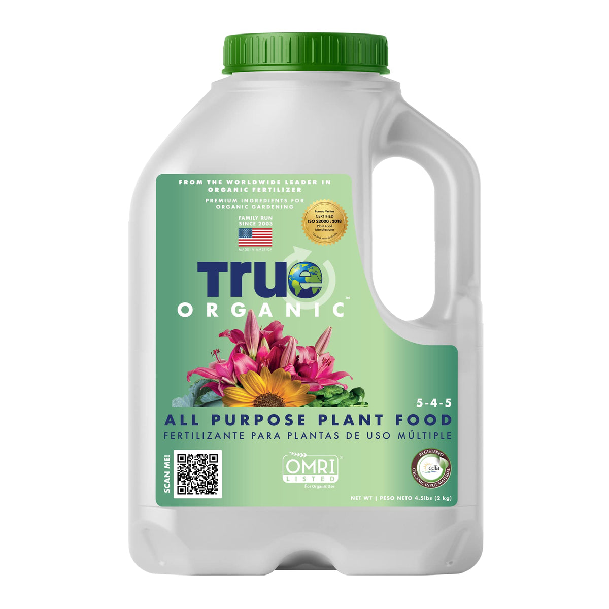 True Organic All Purpose Plant Food bottle label showing nutrient-rich blend for soil health.