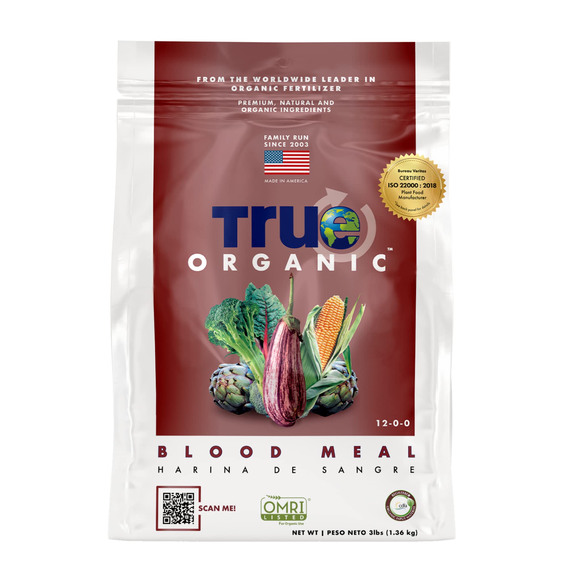 True Organic Blood Meal bag 3lb ready for soil enrichment and vibrant greens.