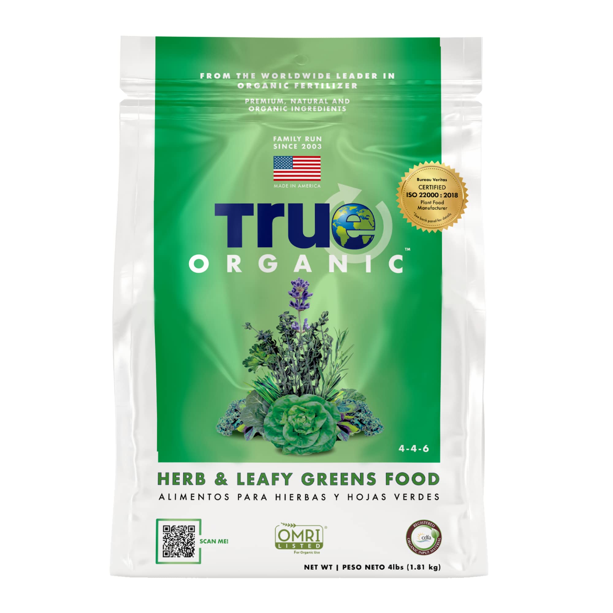 True Organic Herb and Leafy Greens Food bag showing premium fertilizer for lush harvests.