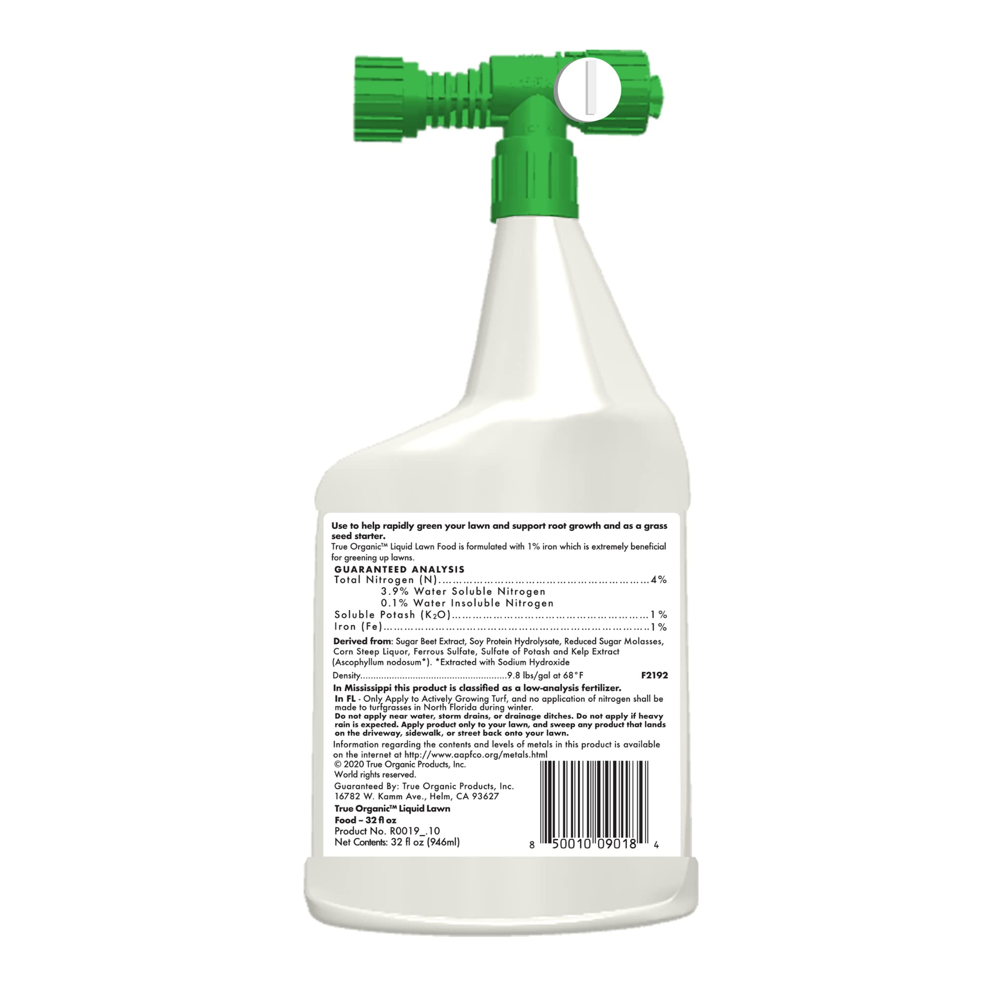 True Organic Liquid Lawn Food 32 oz bottle shown for easy garden feeding.