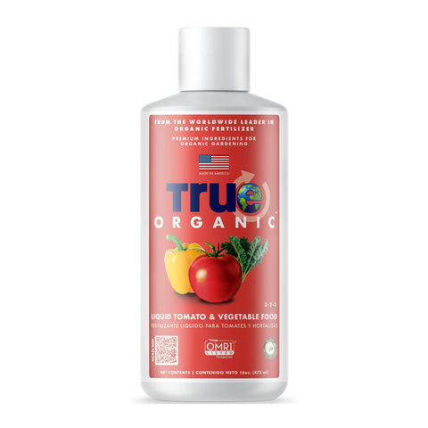 True Organic Liquid Tomato & Vegetable Food bottle for convenient garden fertilization.