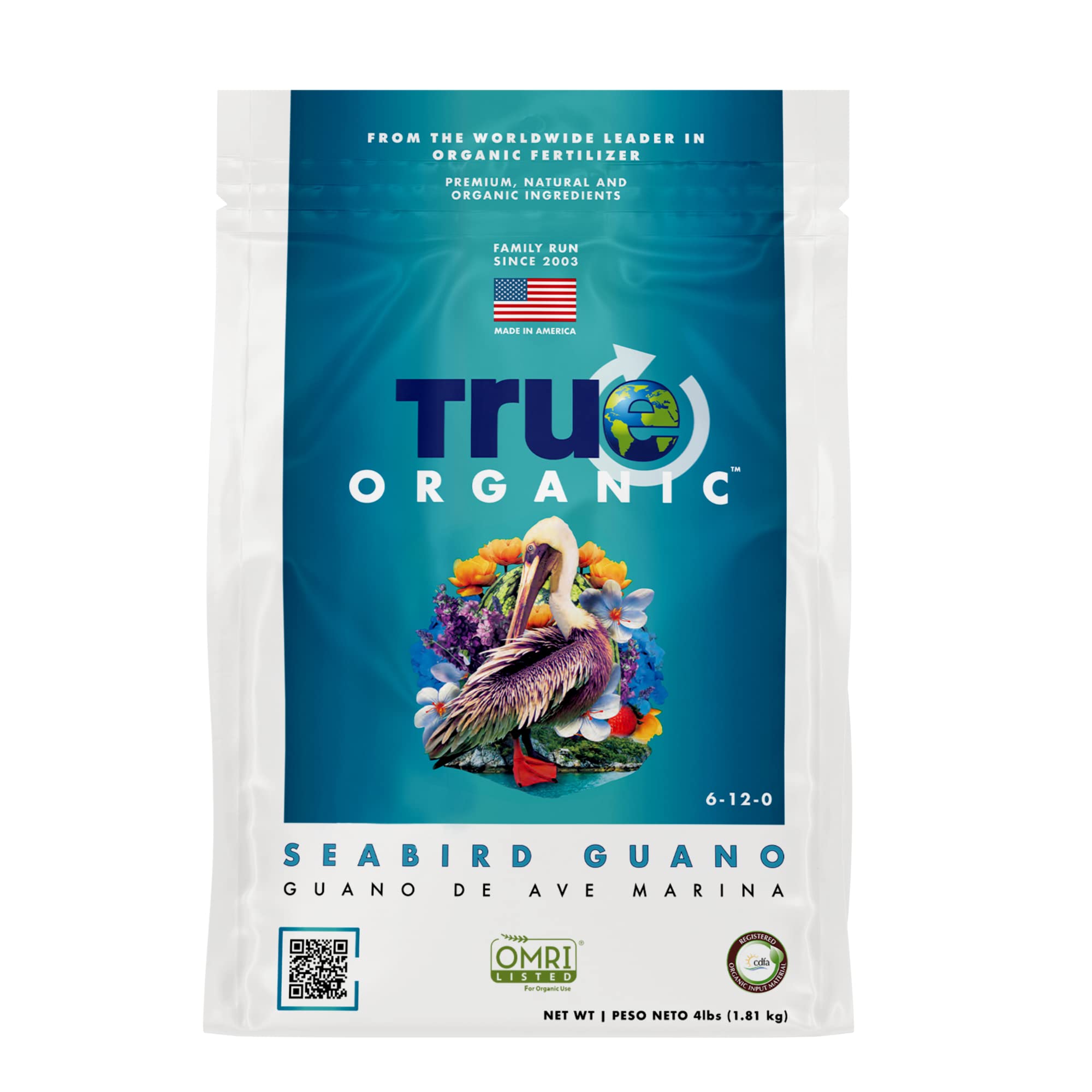 True Organic Seabird Guano bag on shelf to enrich soil for organic gardens.