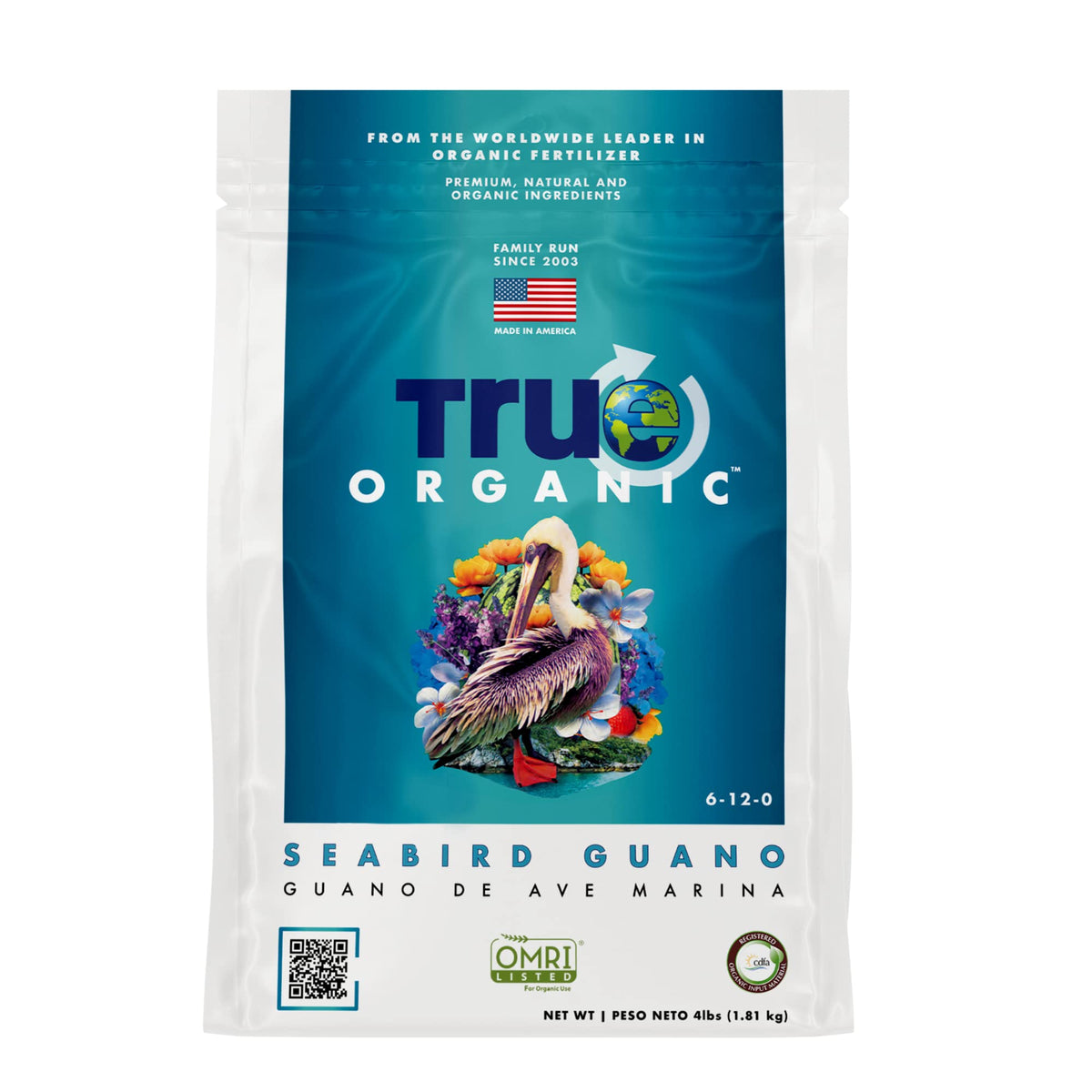 True Organic Seabird Guano bag on shelf to enrich soil for organic gardens.