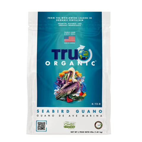 True Organic Seabird Guano bag on shelf to enrich soil for organic gardens.