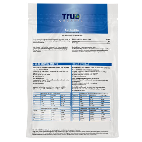 True Organic Soil Acidifier bag-label detail emphasizes pH-lowering purpose