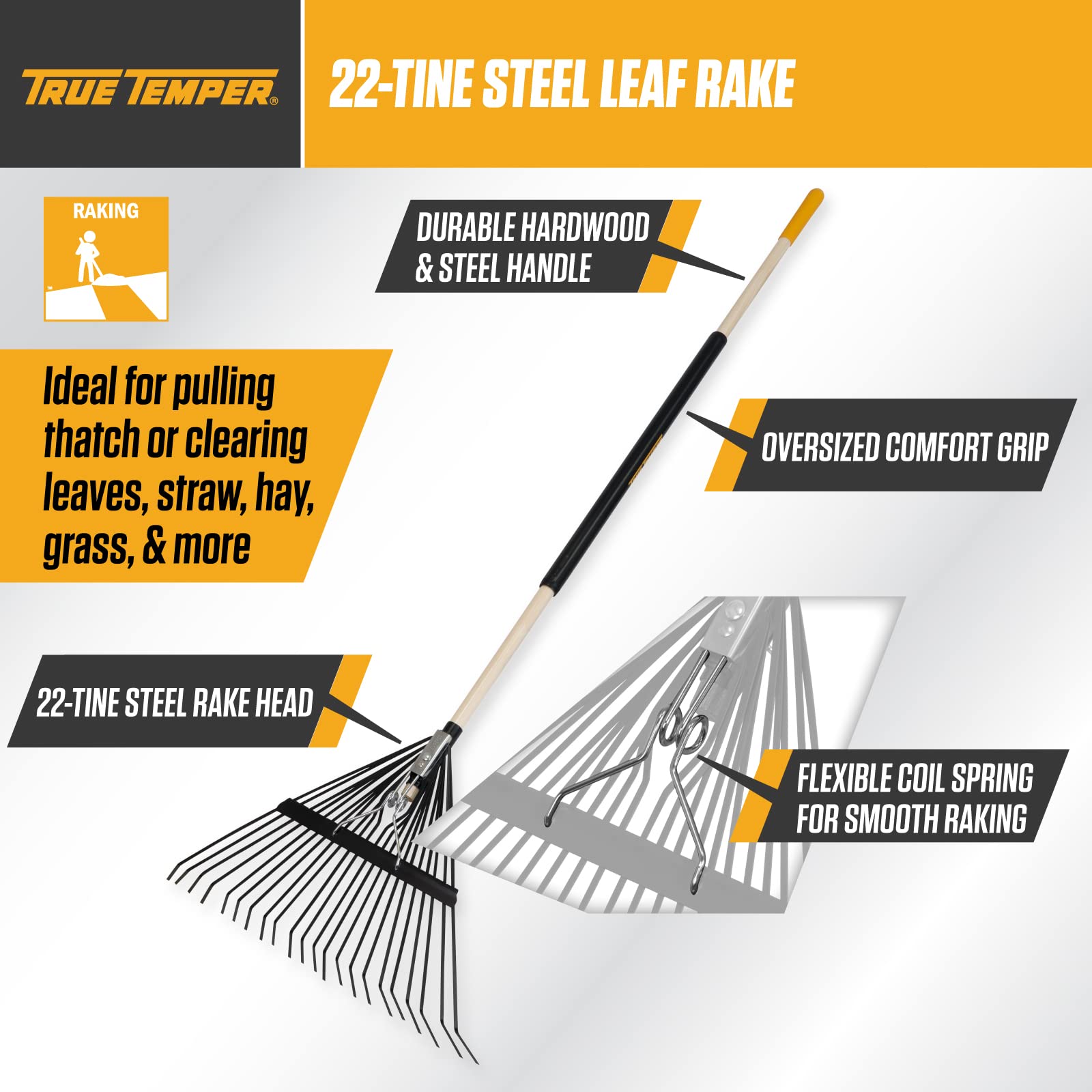 True Temper wood steel handle with comfort grip provides durable, ergonomic raking