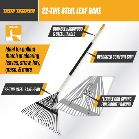 True Temper wood steel handle with comfort grip provides durable, ergonomic raking