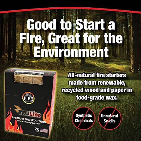 Outdoor camping scene with TRULite starters lighting campfire
