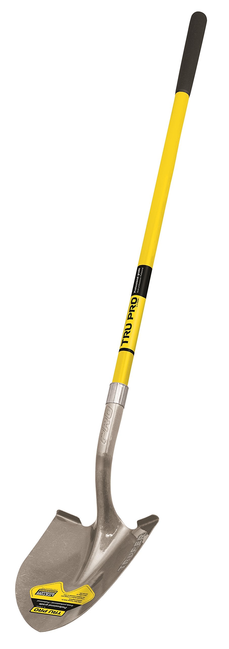 Truper Tru Pro round point shovel with fiberglass handle for durable balance and control while digging.
