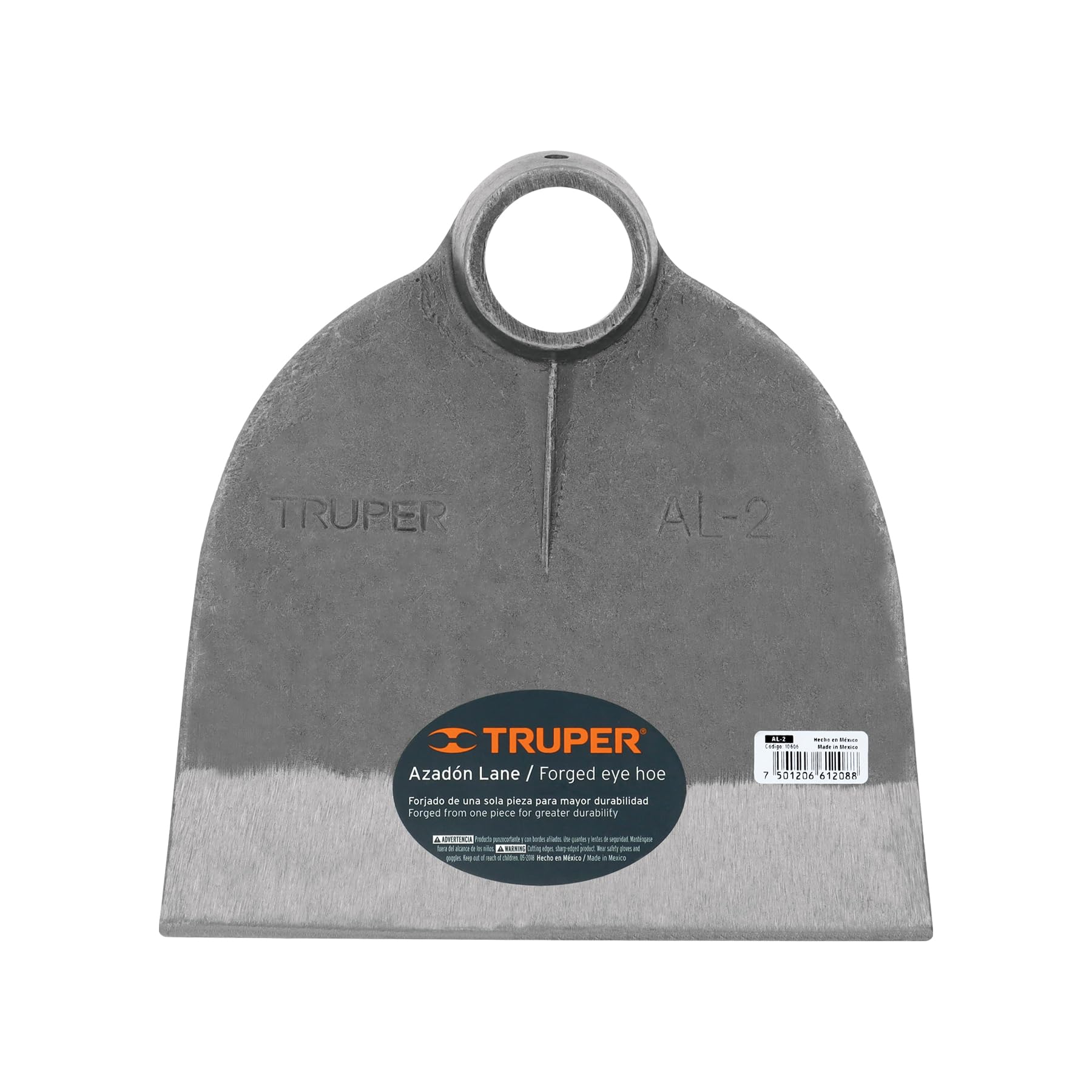 Truper AL-2 round eye hoe blade closeup shows forged steel durability.