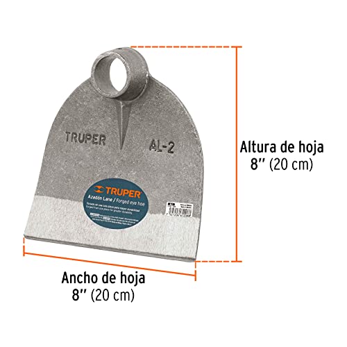 Truper AL-2 round eye hoe head closeup for precise digging in tight spaces.