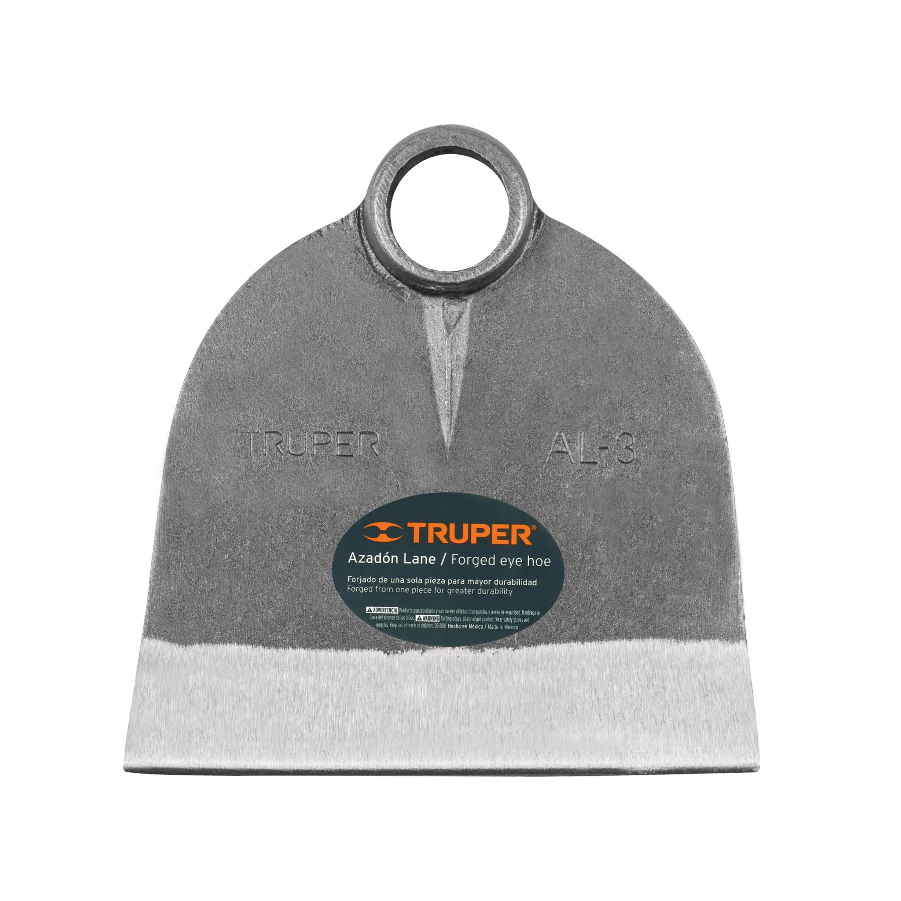 Truper AL-3 round eye hoe blade close-up for precise soil weeding.