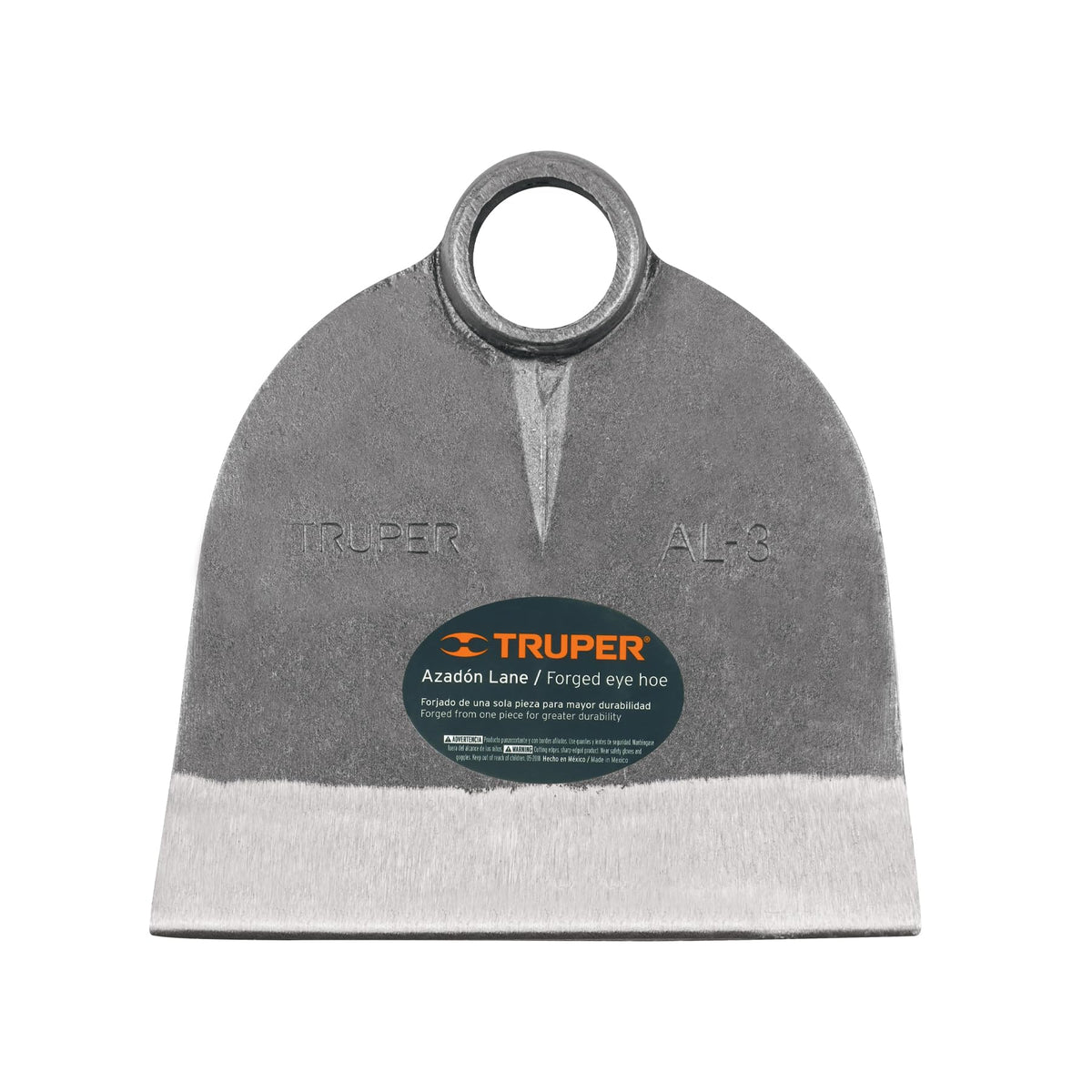 Truper AL-3 round eye hoe blade close-up for precise soil weeding.